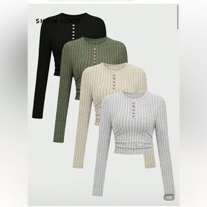 SHEIN Ribbed Buttoned Crop Tops - Black, Green, Cream, Gray